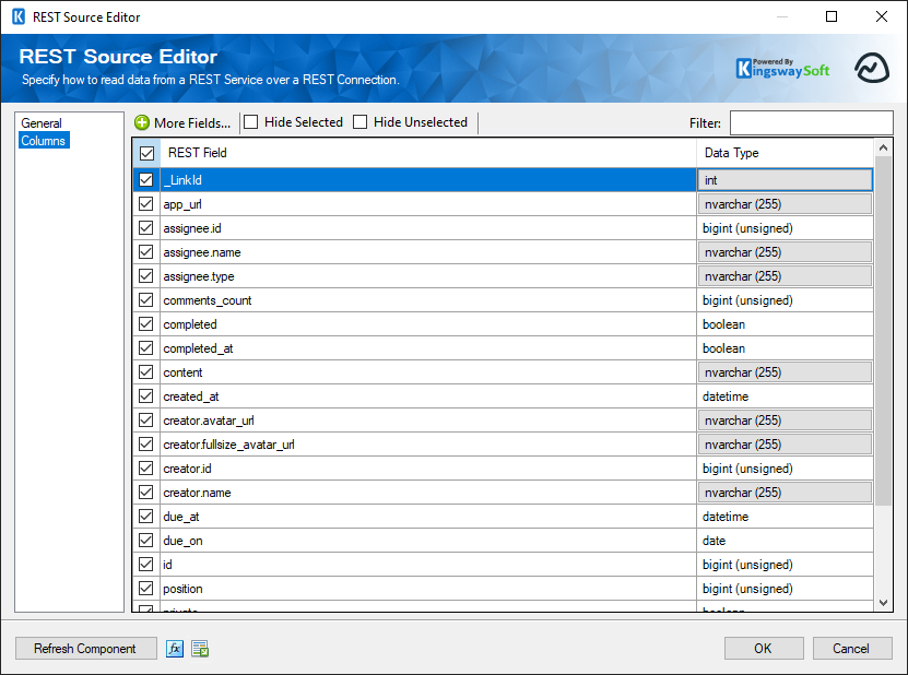 SSIS Basecamp REST Source - Columns